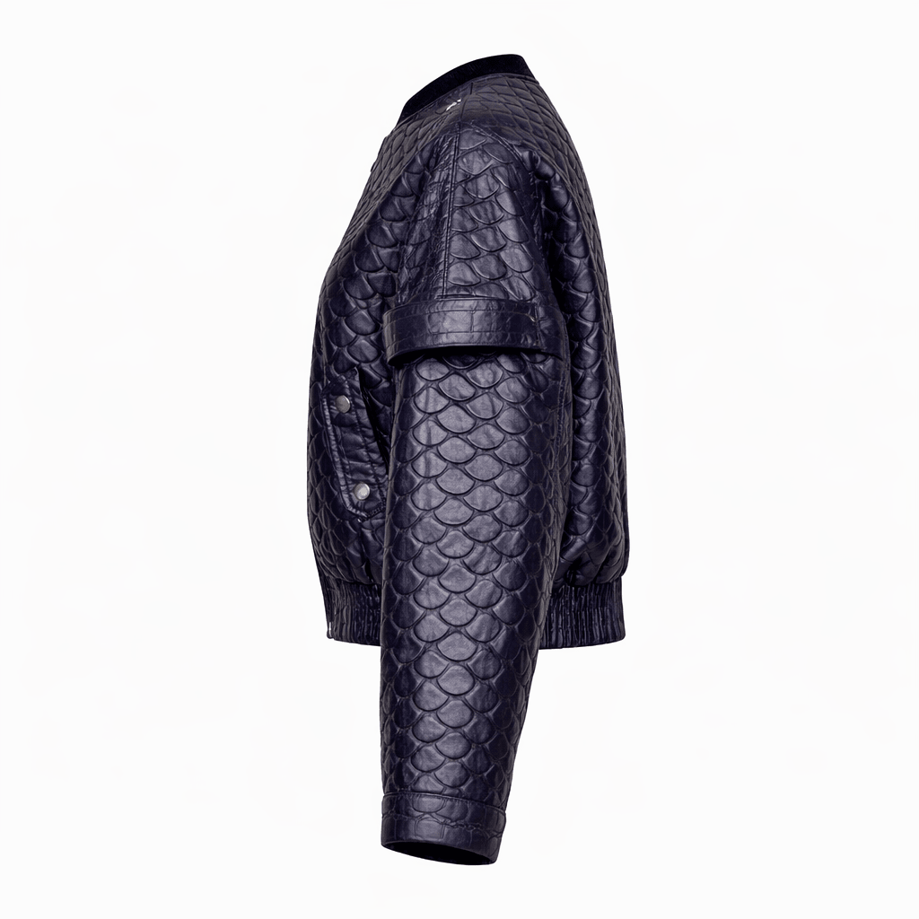 Women’s Scale Texture Leather Cropped Bomber Jacket – Zip Front Statement Style - Quick Moto