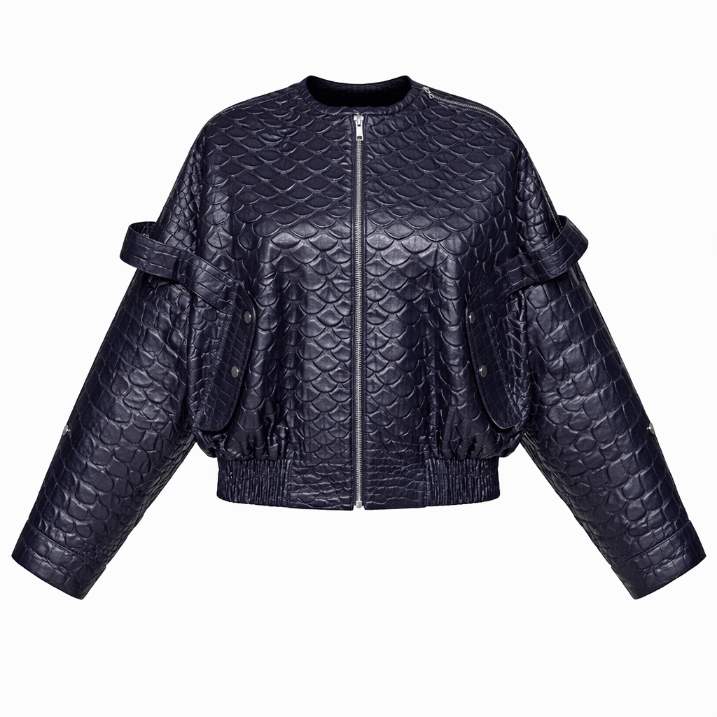 Women’s Scale Texture Leather Cropped Bomber Jacket – Zip Front Statement Style - Quick Moto