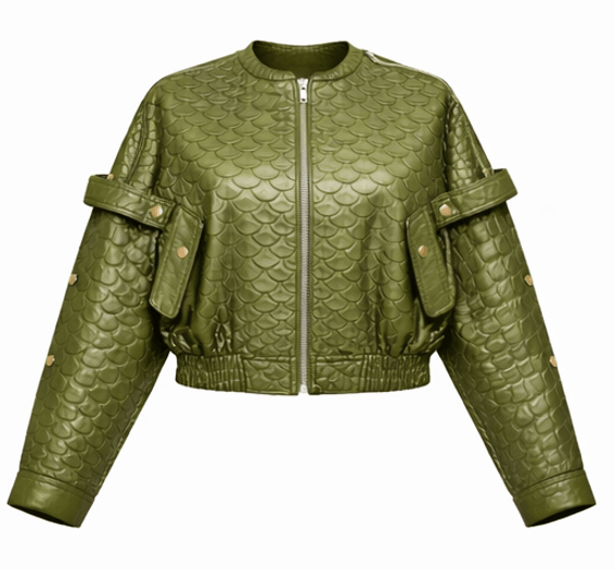 Women’s Scale Texture Leather Cropped Bomber Jacket – Zip Front Statement Style - Quick Moto