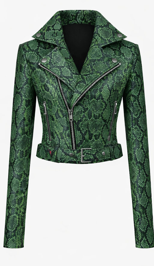 Women’s Snake Print Leather Moto Jacket – Slim Fit Belted Biker Style - Quick Moto