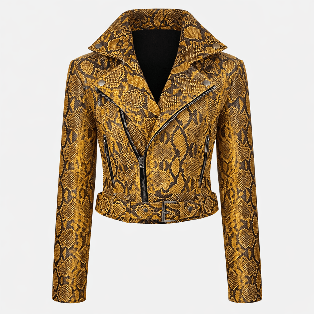 Women’s Snake Print Leather Moto Jacket – Slim Fit Belted Biker Style - Quick Moto