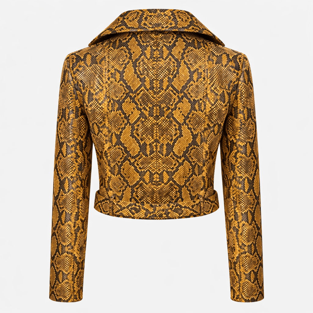 Women’s Snake Print Leather Moto Jacket – Slim Fit Belted Biker Style - Quick Moto