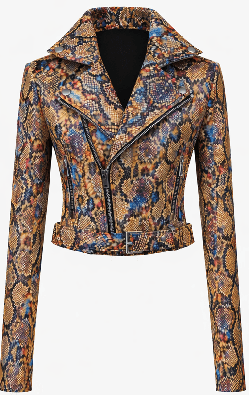 Women’s Snake Print Leather Moto Jacket – Slim Fit Belted Biker Style - Quick Moto