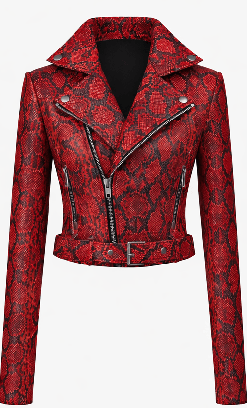 Women’s Snake Print Leather Moto Jacket – Slim Fit Belted Biker Style - Quick Moto