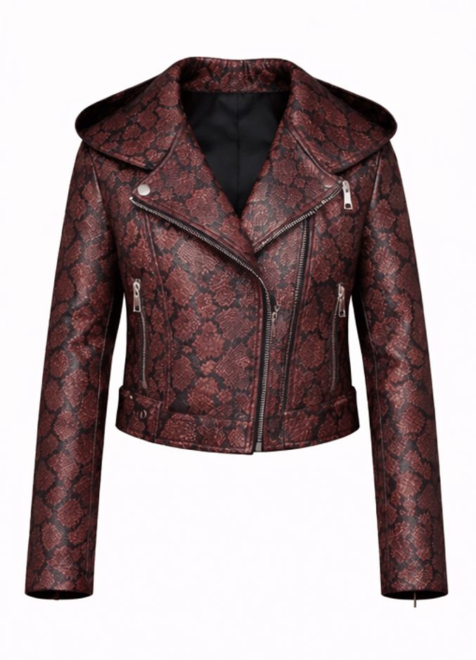 Women’s Snake Print Leather Moto Jacket – Slim Fit Hooded Biker Style - Quick Moto