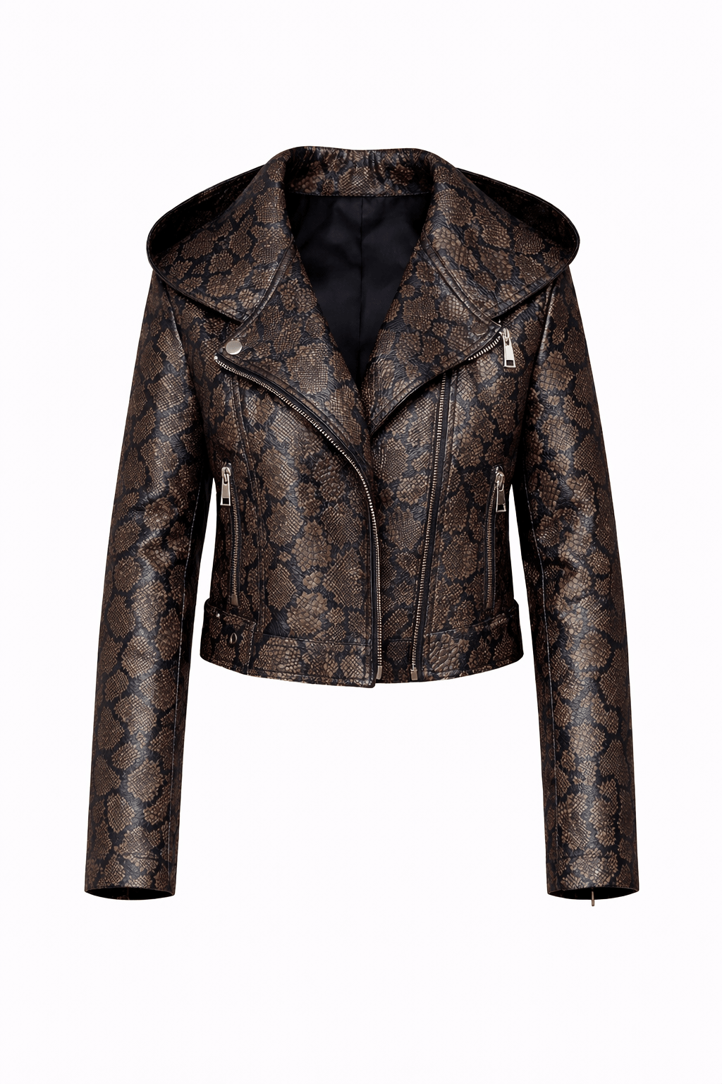Women’s Snake Print Leather Moto Jacket – Slim Fit Hooded Biker Style - Quick Moto