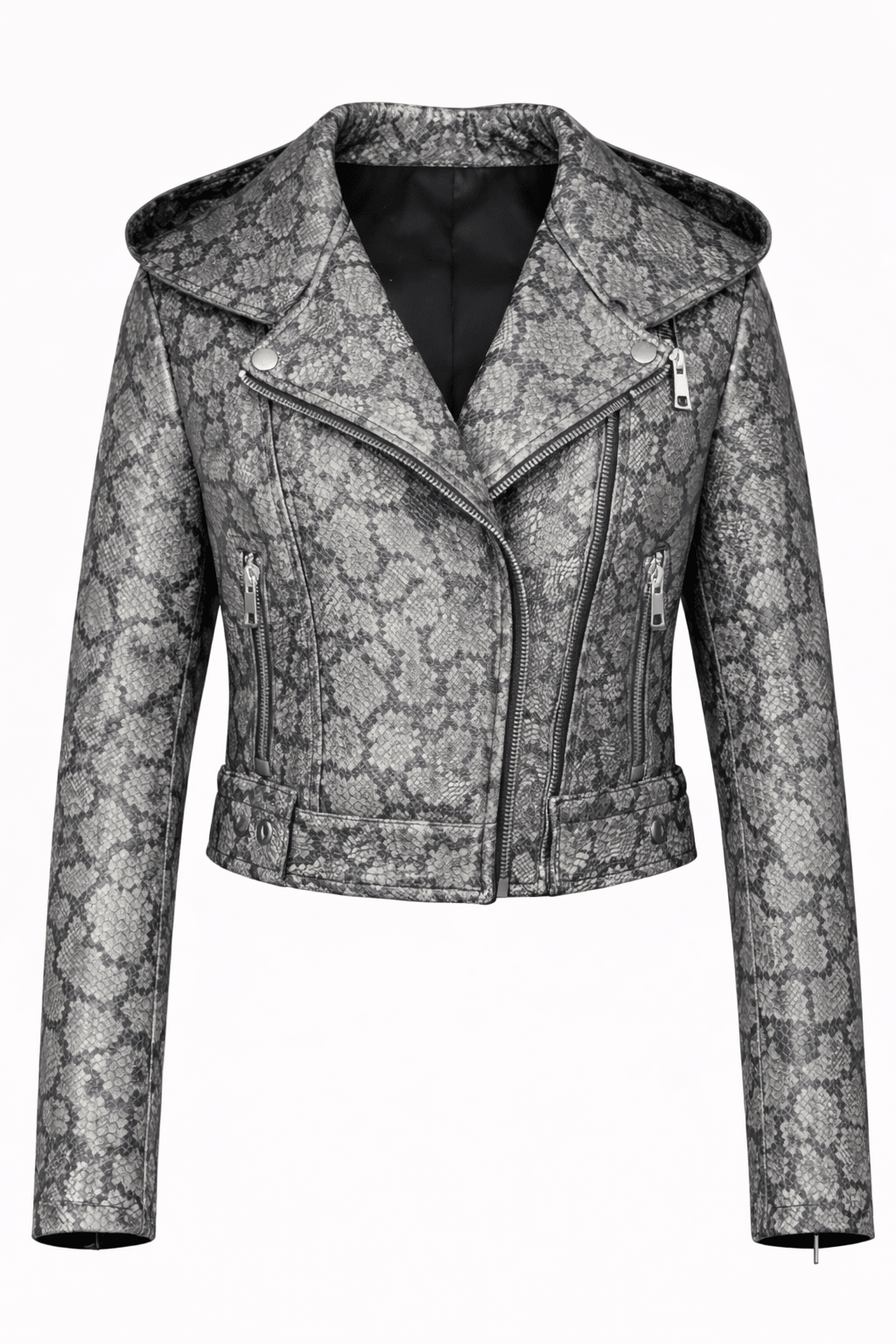 Women’s Snake Print Leather Moto Jacket – Slim Fit Hooded Biker Style - Quick Moto