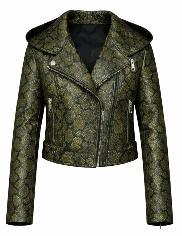 Women’s Snake Print Leather Moto Jacket – Slim Fit Hooded Biker Style - Quick Moto
