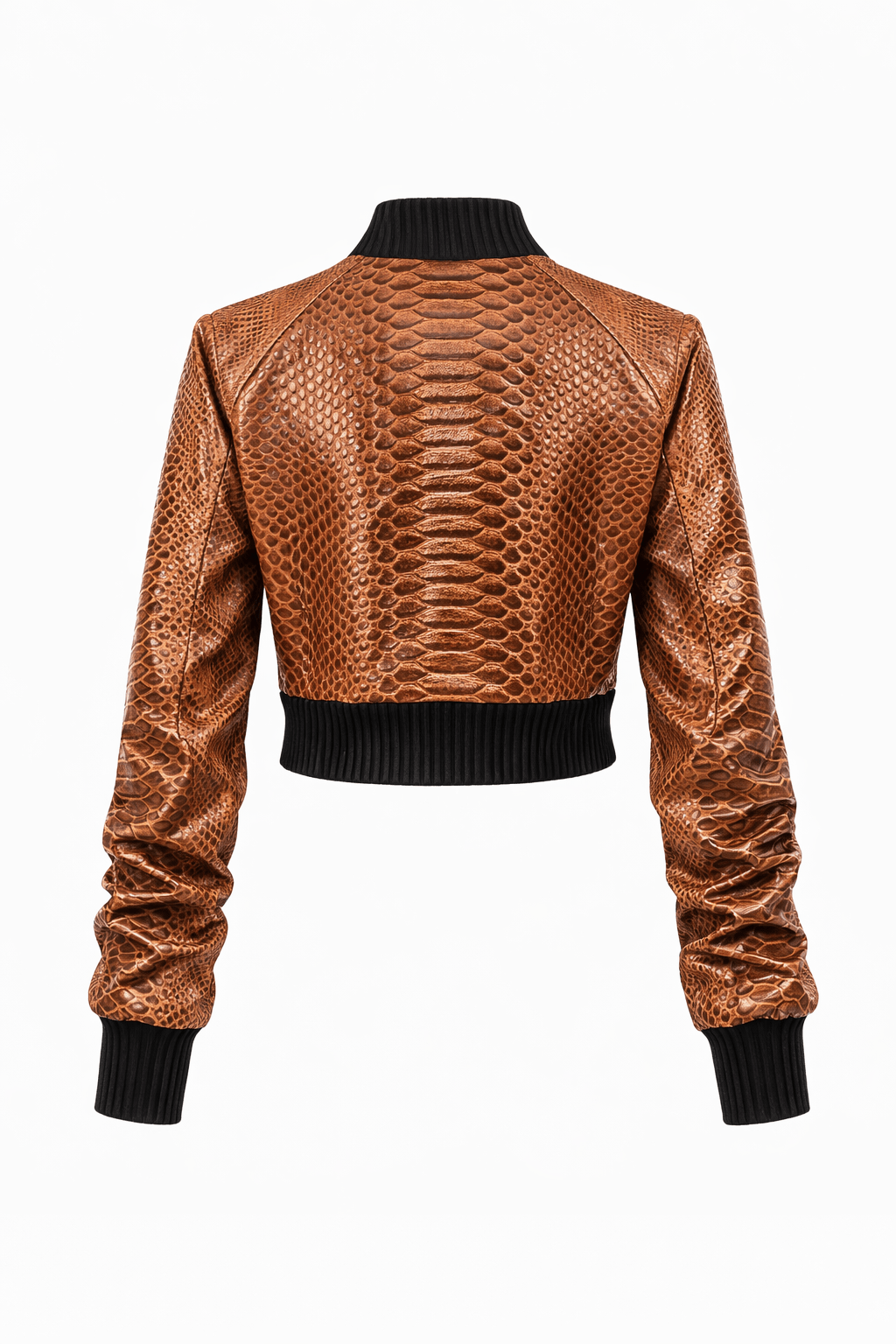 Women’s Snake Texture Leather Cropped Bomber Jacket – Zip Front Slim Fit - Quick Moto
