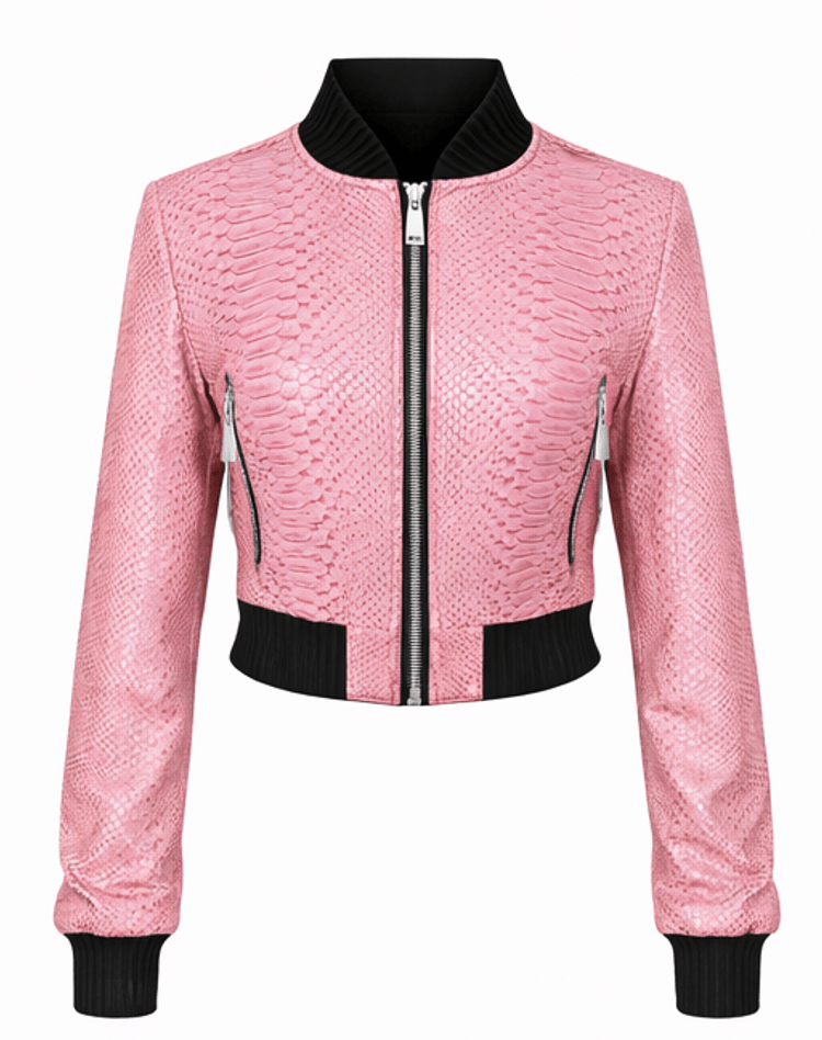 Women’s Snake Texture Leather Cropped Bomber Jacket – Zip Front Slim Fit - Quick Moto