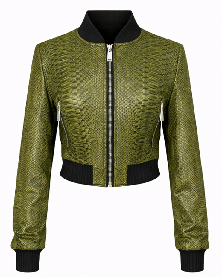 Women’s Snake Texture Leather Cropped Bomber Jacket – Zip Front Slim Fit - Quick Moto