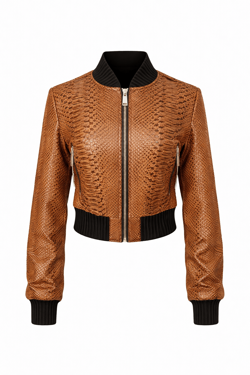 Women’s Snake Texture Leather Cropped Bomber Jacket – Zip Front Slim Fit - Quick Moto