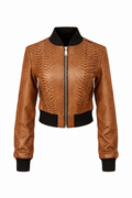 Women’s Snake Texture Leather Cropped Bomber Jacket – Zip Front Slim Fit - Quick Moto