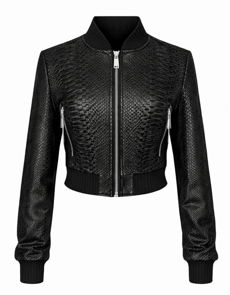 Women’s Snake Texture Leather Cropped Bomber Jacket – Zip Front Slim Fit - Quick Moto