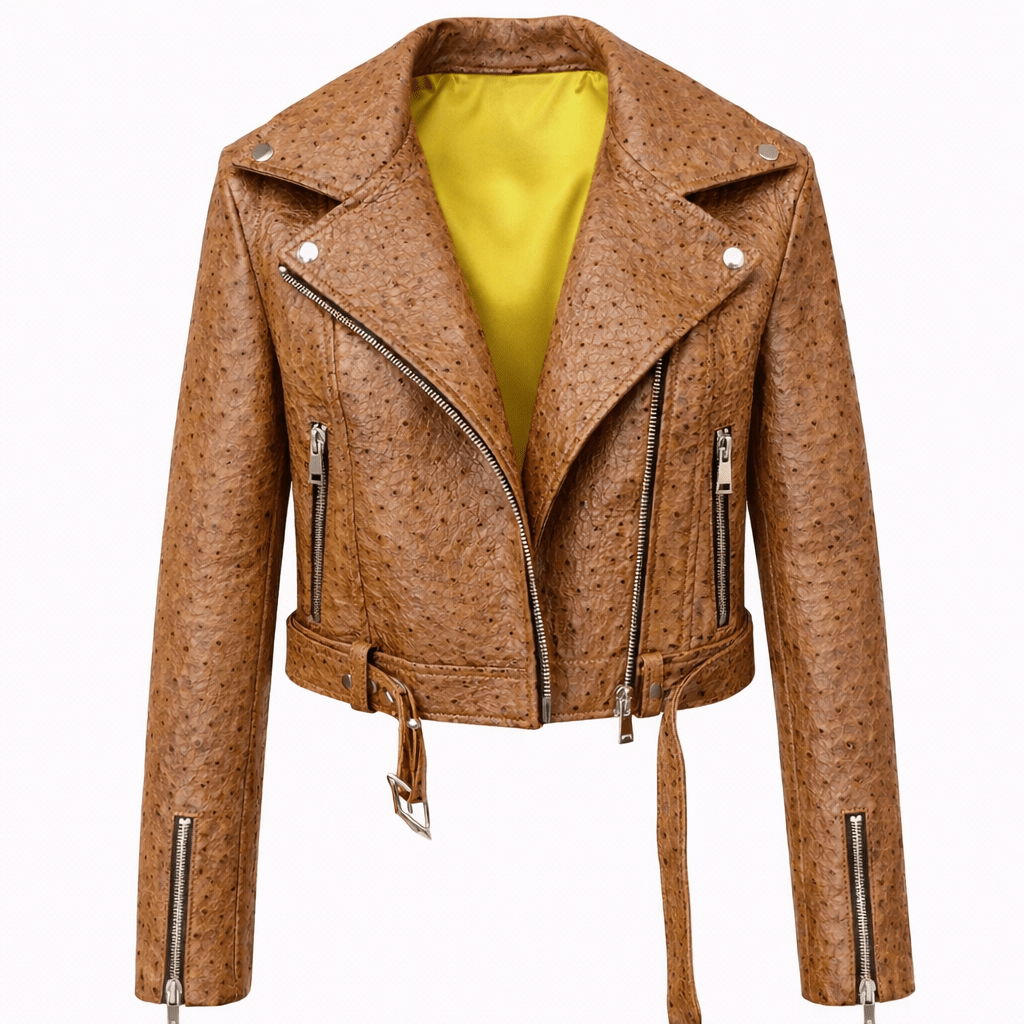 Women’s Textured Leather Moto Jacket – Belted Slim Fit Biker Style - Quick Moto